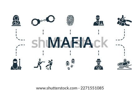 Mafia set. Creative icons: judge, handcuffs, fingerprint, coroner, murder, terrorist, war crime, footprints, espionage, crime.