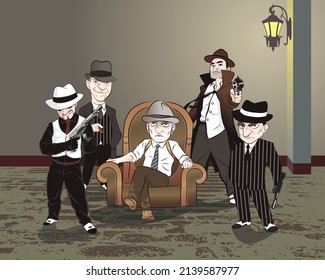 Mafia sitting on brown vintage sofa. wear hat and hold gun. vector illustration isolated cartoon hand drawn background