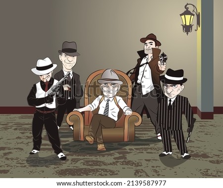 Mafia sitting on brown vintage sofa. wear hat and hold gun. vector illustration isolated cartoon hand drawn background