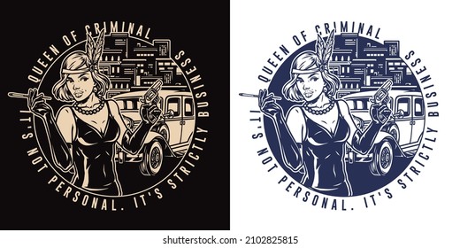 Mafia vintage monochrome badge with smoking flapper girl in headband with feathers holding gun against old car, vector illustration