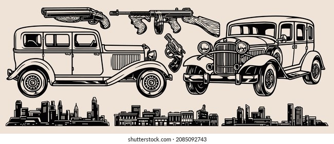 Mafia vintage monochrome composition with retro classic cars revolver sawed-off shotgun thompson submachine gun and city landscapes isolated vector illustration