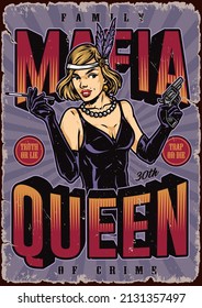 Mafia vintage vertical poster with flapper woman in feather headband and necklace smoking cigarette and holding gun, vector illustration