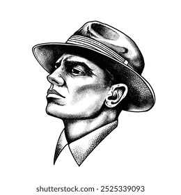 Mafia wearing a hat, hand drawing, detailed pointilism