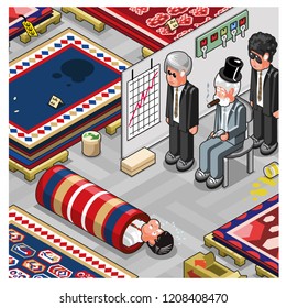 Mafiosi boss with two guards looking at captive, scene set in a carpet store (isometric vector)