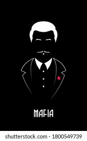 Mafioso jefe con bigote y esmoquin. Retrato de la mafia italiana. Ilustración vectorial en blanco y negro.