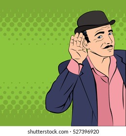 Mafioso in hat listening to the news. Handsome young man interested in rumors. Illustration in pop-art style