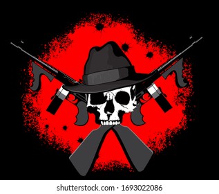 Calavero mafioso en el sombrero de Fedor con dos rifles de asalto Tommy cruzados sobre un fondo rojo sangre y negro