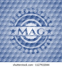 Mag blue emblem with geometric background.