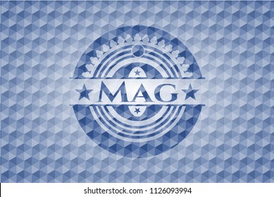Mag blue emblem with geometric pattern background.
