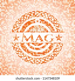 Mag orange tile background illustration. Square geometric mosaic seamless pattern with emblem inside.