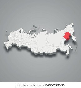 Magadan region highlighted in red on a grey Russia 3d map
