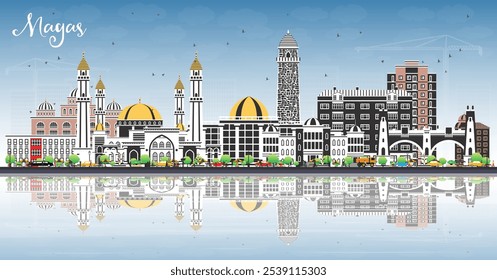 Horizonte de la ciudad de Magas Rusia con edificios de color, cielo azul y reflejos. Ilustración vectorial. Magas paisaje urbano con Lugares famosos. Concepto de viajes y turismo con arquitectura moderna e histórica.