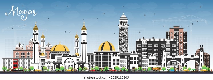 Horizonte de la ciudad de Magas Rusia con edificios de color y cielo azul. Ilustración vectorial. Magas paisaje urbano con Lugares famosos. Viajes de negocios y concepto de turismo con arquitectura moderna e histórica.