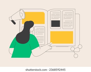 Ilustración abstracta del vector de concepto de revista. Publicación periódica, últimas noticias, publicación electrónica, revista en línea, distribución de correo, puesto de periódicos y librería, revisión de metáfora abstracta.