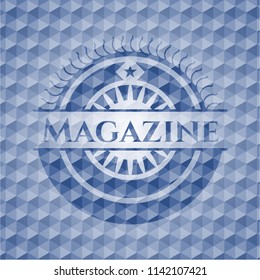 Magazine blue emblem or badge with abstract geometric pattern background.