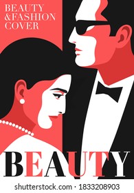 Magazine or book cover design. Couple in love,  female and male portrait, side view. Woman in evening dress, earrings and necklace. Man in tuxedo, bow tie and sunglasses. Vector illustration