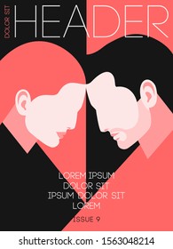 Magazine or book cover design. Romantic concept, couple in love. Portraits of two lovers, man and woman, face to face. Vector illustration