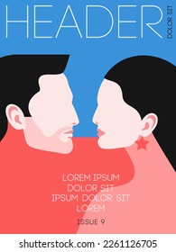 Magazine or book cover design. Romantic concept, couple in love. Portraits of two lovers, man and woman, face to face, side view. Vector illustration