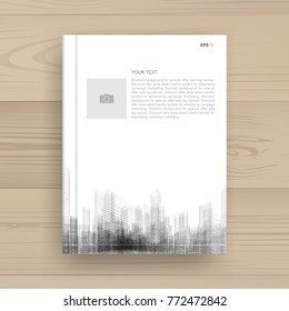 Magazine book cover with image of city wireframe perspective and blank photo frame area on wood background. Vector illustration.