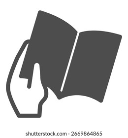 Livro de revista em mão ícone sólido, conceito de festival de livro. Gráficos vetoriais. Mão com livro de texto de diário, sinal de promoção no fundo branco, ícone de estilo de glifo para design móvel ou web
