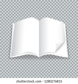 Magazine or book isolated on transparent background. Open blank catalogue or brochure with turned sheet mock up. Vector illustration.