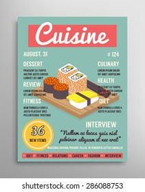 Magazine brochure cover template. Food blogging layer, sushi culinary cuisine vector illustration