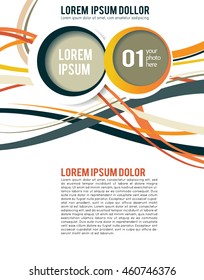 Magazine or brochure, vector design smooth wave curve lines and circles. Abstract background.