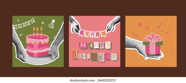 Magazine collage vector Happy birthday phrase in trendy style. Color letters cut from newspapers.