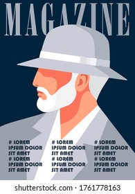 Magazine cover design. Abstract male portrait, side view. Old bearded man wearing summer clothes and hat. Vector illustration