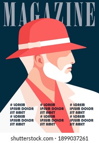 Magazine cover design. Abstract male portrait, side view. Old bearded man wearing summer suit and hat. Vector illustration