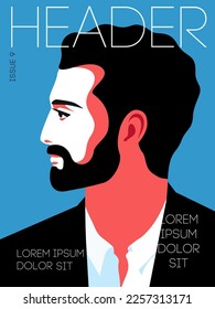 Magazine cover design. Abstract male portrait, side view. Young curly bearded man wearing suit and shirt. Vector illustration