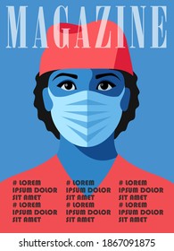 Magazine cover design, coronavirus pandemic concept. African woman as doctor or nurse, in medical clothes and face mask. Vector illustration