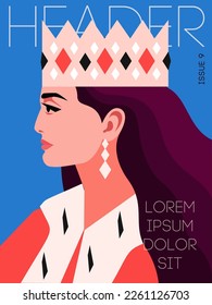 Magazine cover design. Portrait of queen, side view. Female character, wearing crown and royal ermine mantle. Header, text, blue background. Vector illustration