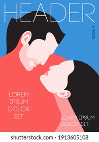 Magazine cover design. Romantic concept, couple in love. Two hugging lovers, man and woman. Vector illustration