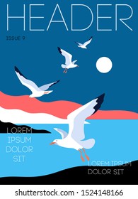 Magazine cover design, sea background with gulls. Vector illustration