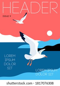 Magazine cover design, sea background with gulls, lettering, text. Vector illustration