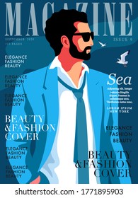 Magazine Cover Design For The Summer Holiday Season. Portrait Of Bearded Man In Sunglasses, Wearing Blue Suit And Tie. Sea Background With Gulls. Vector Illustration