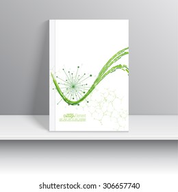 Magazine Cover with dynamic emitted particles. Node molecule structure. Science and connection concept. green curve