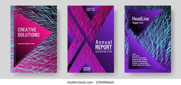 Magazine cover layouts vector design. Pink blue purple synthwave textures. Stylish magazine templates design set. Liquid rippling motion background pattern. Corporate finance book cover.