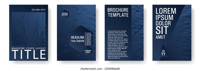 Magazine cover layouts vector design. Dark blue and black waves texture. Stylish magazine templates design set. Buzzing flux ripple movement background. Geometric typography cover.