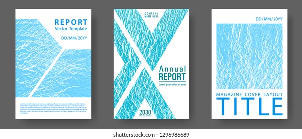 Magazine cover layouts vector design. Blue sea water waves texture backdrops. Stylish magazine templates design set. Advertising banner or covers. Liquid rippling motion background pattern.