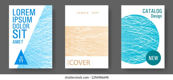 Magazine cover layouts vector design. Blue, sea green, sand color textures. Buoyant wavy flux background pattern. Research development plan covers. Stylish magazine templates design set.
