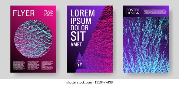 Magazine cover layouts vector design. Pink blue purple synthwave textures. Stylish magazine templates design set. Minimal cover page concepts. Fluid buzzing wavy noise ripple texture.