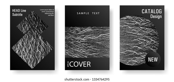 Magazine cover layouts vector design. Black and white waves texture backdrops. Stylish magazine templates design set. Buoyant wavy flux background pattern. Research development plan covers.