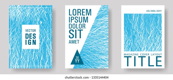 Magazine cover layouts vector design. Blue sea water waves texture backdrops. Buzzing flux ripple movement background. Geometric creative solutions. Stylish magazine templates design set.