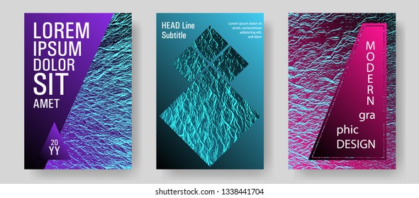 Magazine cover layouts vector design. Pink blue purple synthwave textures. Liquid rippling motion background pattern. Research development plan covers. Stylish magazine templates design set.