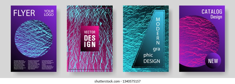 Magazine cover layouts vector design. Pink blue purple synthwave textures. Minimal cover page concepts. Liquid rippling motion background pattern. Stylish magazine templates design set.