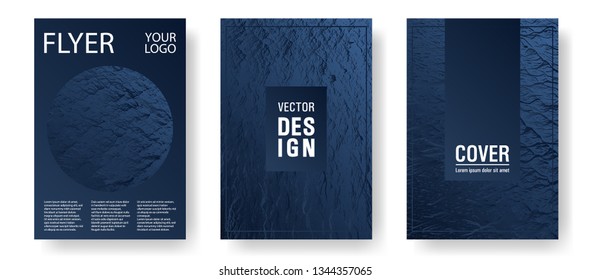 Magazine cover layouts vector design. Dark blue and black waves texture. Fluid buzzing wavy noise ripple texture. Stylish magazine templates design set. Geometric creative solutions.