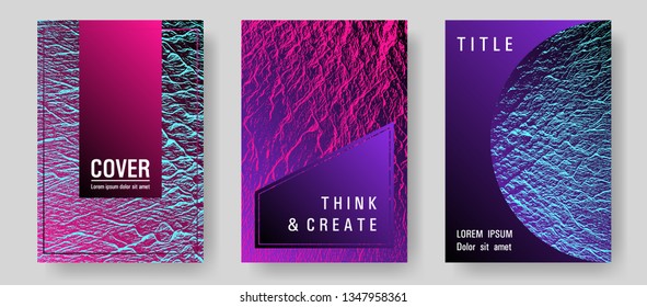 Magazine cover layouts vector design. Pink blue purple synthwave textures. Research development plan covers. Liquid rippling motion background pattern. Stylish magazine templates design set.