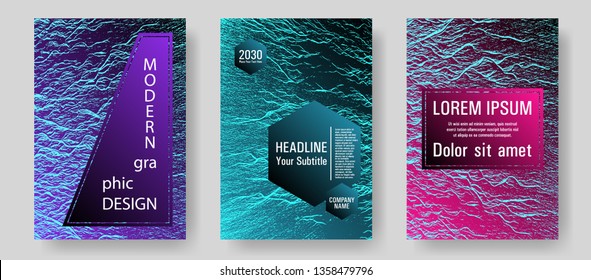 Magazine cover layouts vector design. Pink blue purple synthwave textures. Stylish magazine templates design set. Branding profile cover samples. Buoyant wavy flux background pattern.